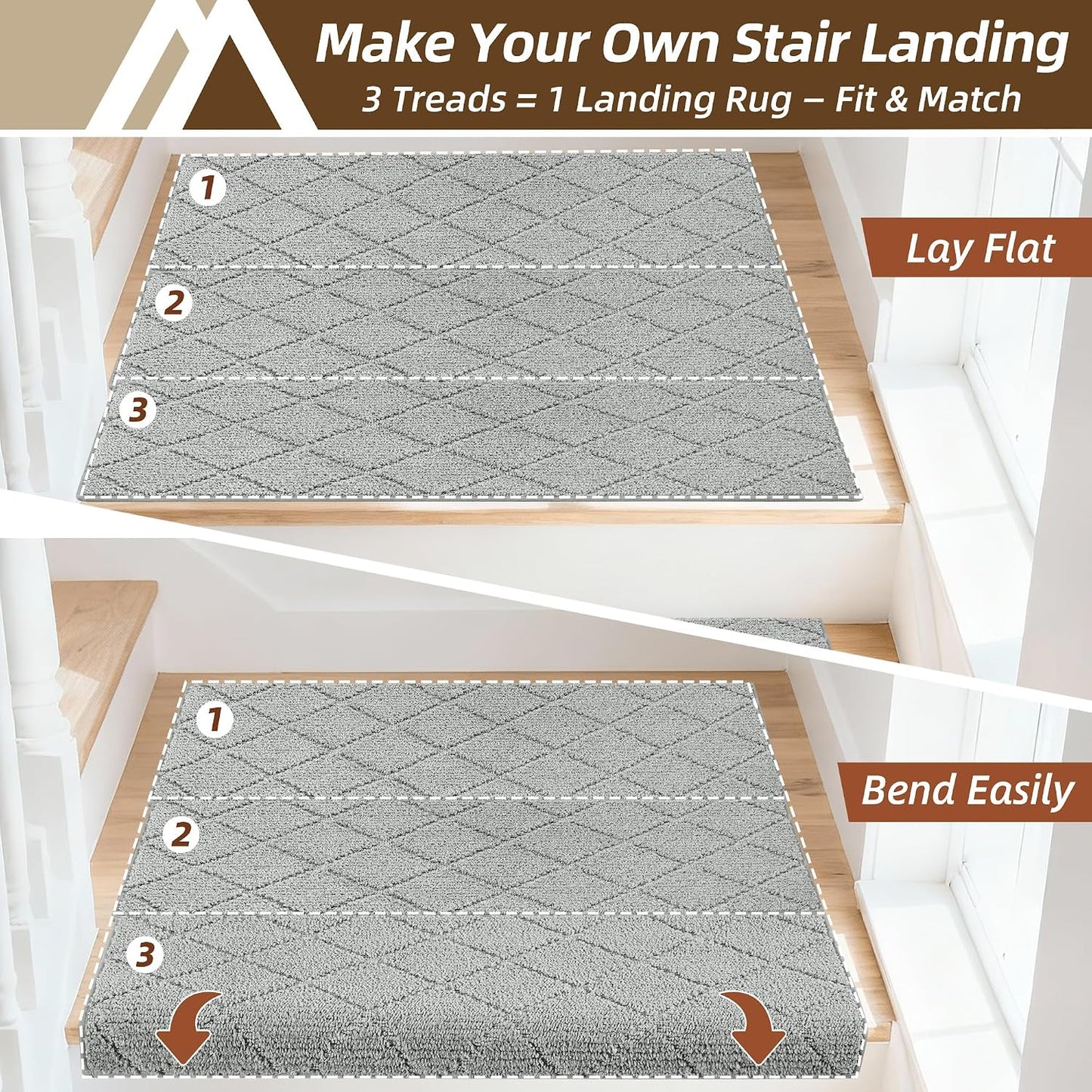 Self Adhesive Bullnose Carpet Stair Treads Non Slip,Grey,11"x30",3 Pack | Pet Friendly, Peel and Stick Stair Treads for Wooden Steps, Washable Stair Runner for Kids Elders, Edge Protection