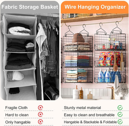 Sonyabecca 3-Tier Hanging Closet Organizers and Storage, Foldable Stackable Wire Basket Bins with 5 S Hooks, Space-Saving Hanging Closet Shelf for Clothing, Sweaters, Handbags, Hats,Purse