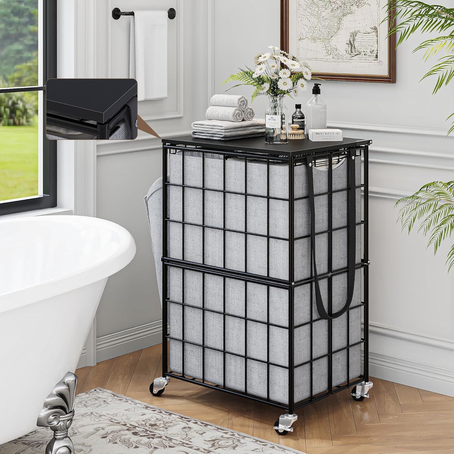 Laundry Basket with Wheels, Heavy Duty Laundry Sorter 2 Sections, 120L (32Gal.) Large Capacity Laundry Hamper with Wood Lid, 360 Rolling Wheels, Extra Side Pocket, Leather Pull Handle, Beige