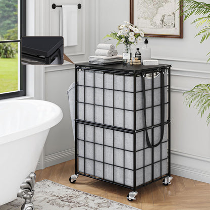 Laundry Basket with Wheels, Heavy Duty Laundry Sorter 2 Sections, 120L (32Gal.) Large Capacity Laundry Hamper with Wood Lid, 360 Rolling Wheels, Extra Side Pocket, Leather Pull Handle, Beige