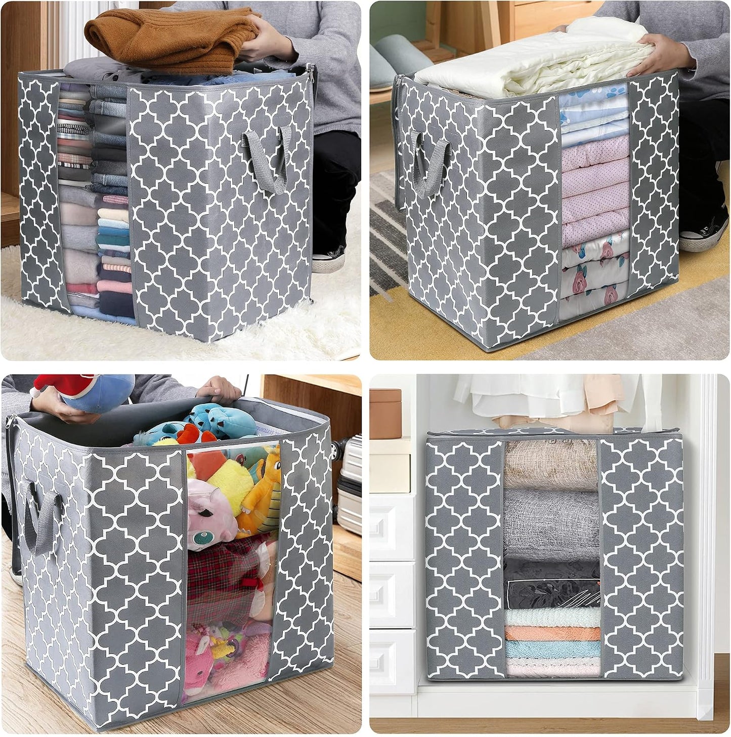 WISELIFE Storage Bags 3 Pack/100L Large Blanket Clothes Organization and Storage Containers for Comforters,Bedding, Foldable Organizer with Reinforced Handle, Clear Window, Sturdy Zippers,Gray