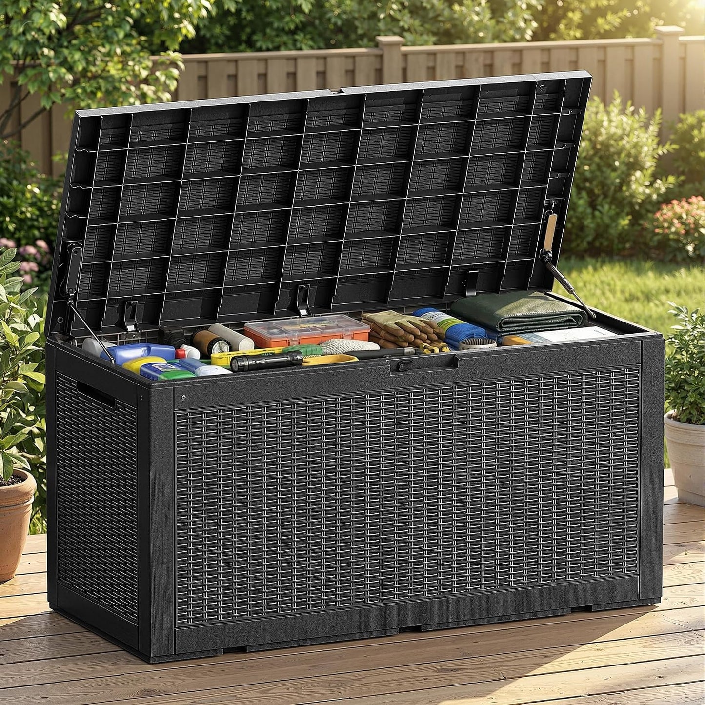 EFU Outdoor Storage Box 100 Gallon Deck Box Resin Outdoor Toy Storage With Lockable Lid, Hydraulic Struts, Rattan Style Package Delivery Boxes for Outside Patio Yard Garden (Black)
