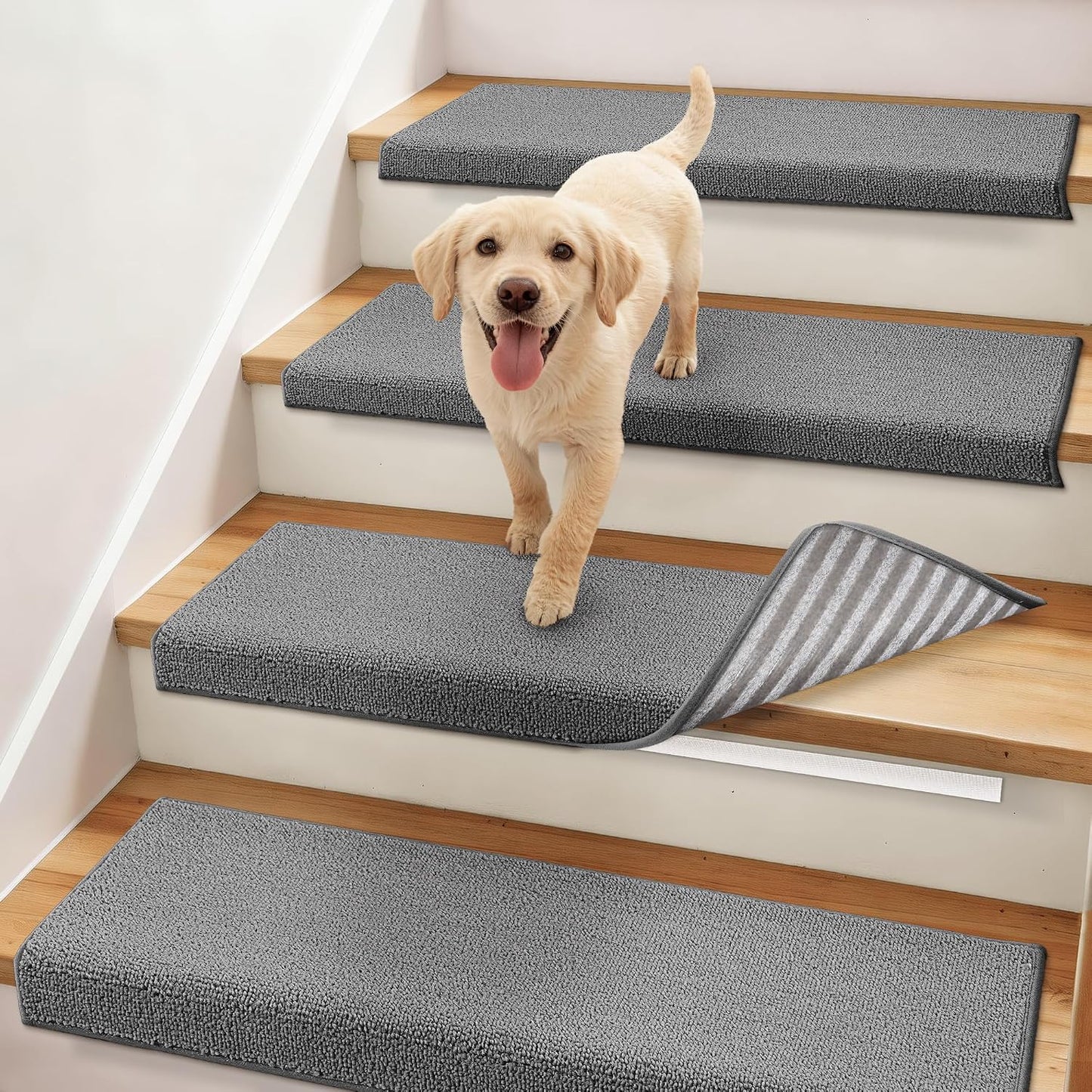 COSY HOMEER Bullnose Carpet Stair Treads, Peel and Stick Non-Slip Stair Treads for Wooden Steps, 11" x 30" Indoor Stair-Runner Rugs (4Pc, Gray)