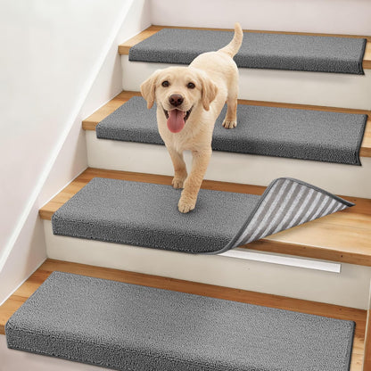 COSY HOMEER Bullnose Carpet Stair Treads, Peel and Stick Non-Slip Stair Treads for Wooden Steps, 11" x 30" Indoor Stair-Runner Rugs (4Pc, Gray)