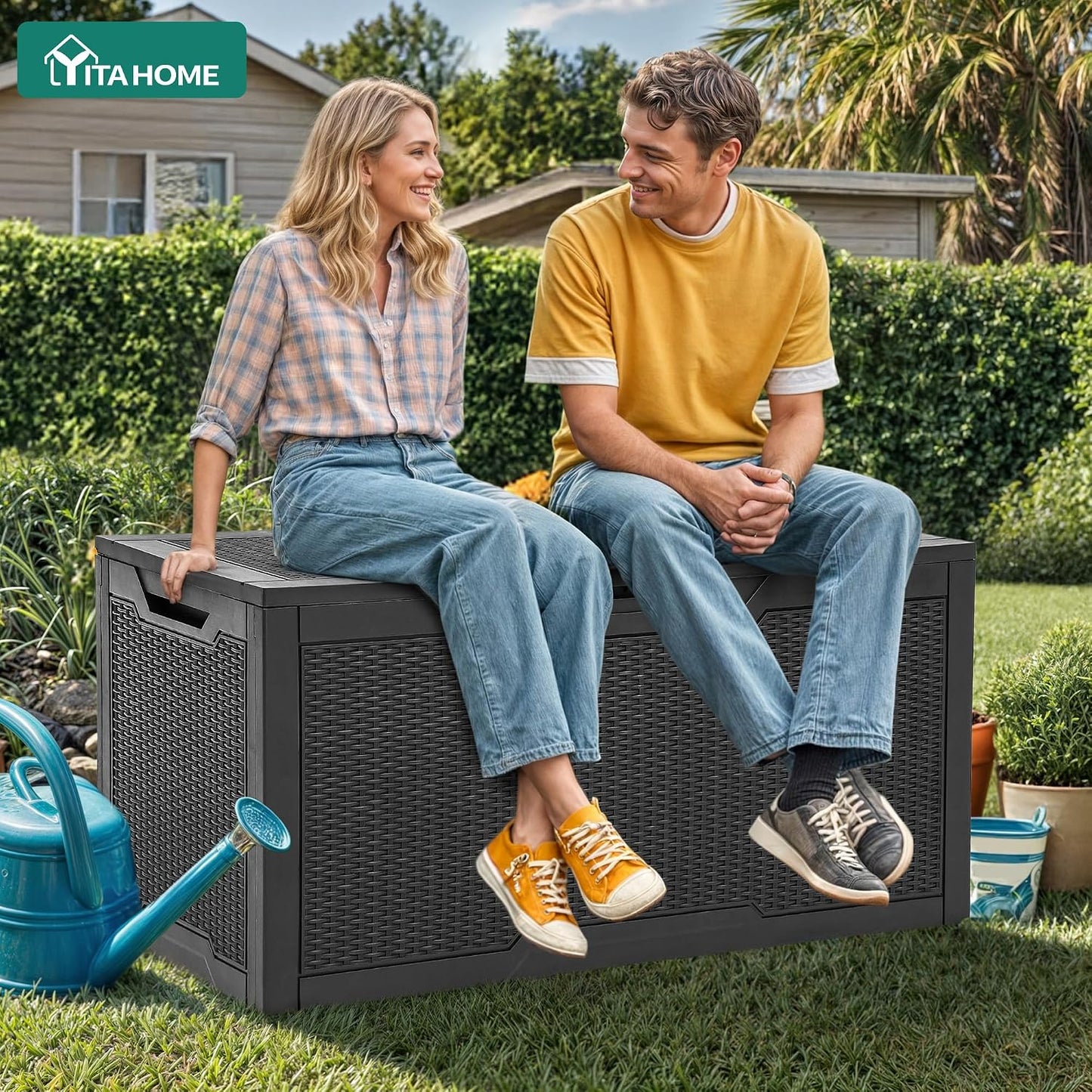 YITAHOME 100 Gallon Large Outdoor Deck Box | Waterproof Resin Storage Box, Lockable Indoor Outdoor Storage Container for Patio Furniture Cushions, Pool Accessories