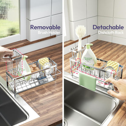 SWTYMIKI Sponge Holder for Kitchen Sink - Sink Caddy with Brush Holder and Stainless Steel Self Drain Tray, Sponge Caddy Organizer with Divider Kitchen Accessories Storage for Countertop, Black