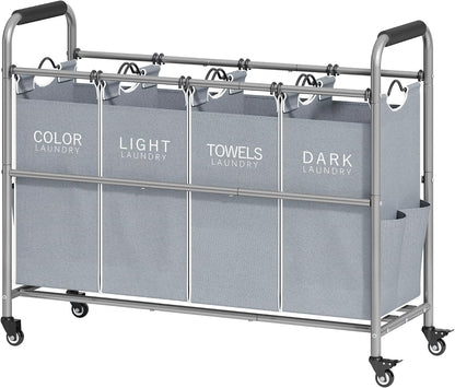 Tajsoon 4 Bag Laundry Sorter Cart, 4 Section Laundry Hamper Sorter with Heavy Duty Lockable Rolling Wheels, Laundry Separator Hamper with Removable Bags for Dirty Clothes Storage, Black