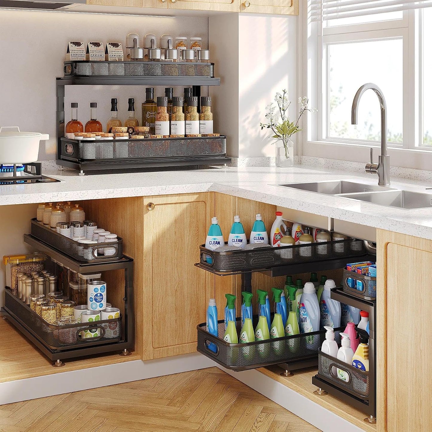 2-Pack Under Sink Storage Organizer with 2-Tier Slide Out Drawer, Sophisticated Mesh Pull Out Shelf for Kitchen & Bathroom, Fits Small Items, Upgraded Arched Track for Smooth Gliding(Patented)