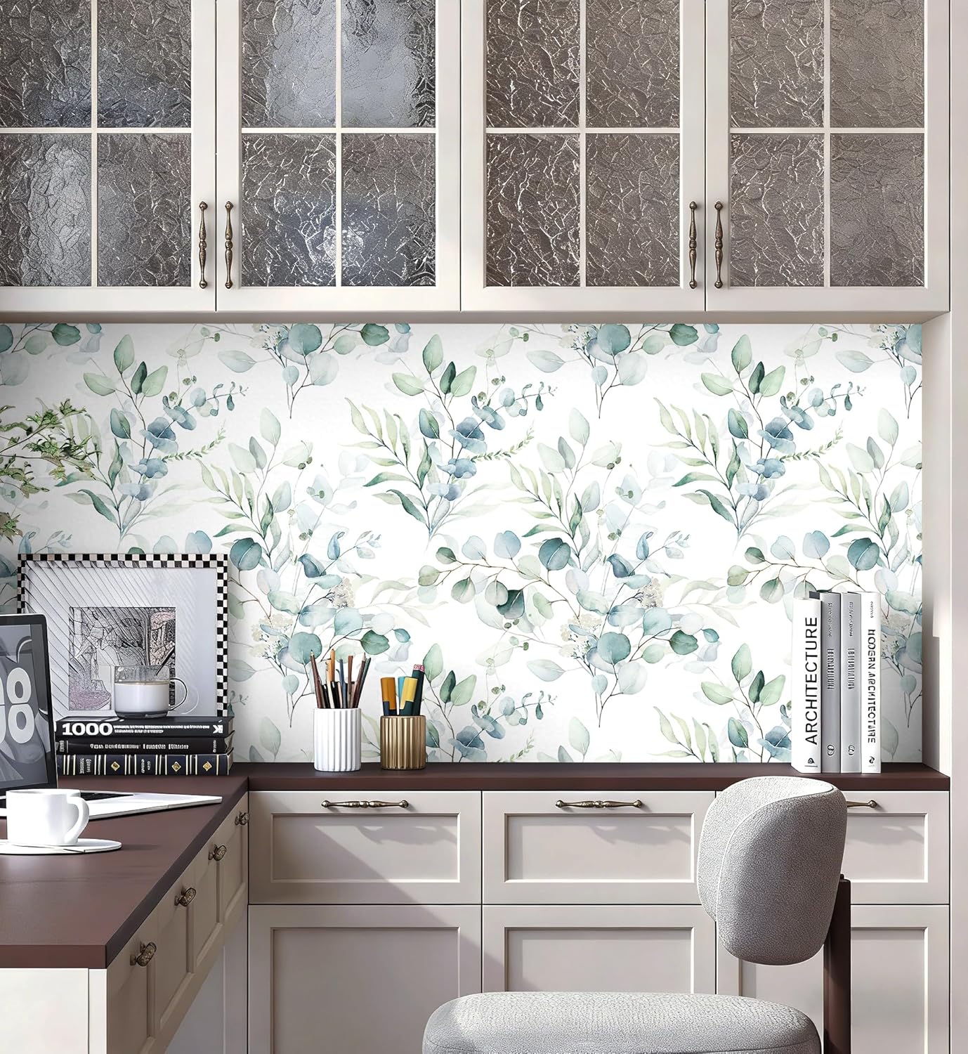 Floralplus Peel and Stick Wallpaper Boho Leaf Removable Wallpaper for Bathroom Renter Leaf Contact Paper for Locker Shelf Liner Vinyl Adhesive Wallpapers Wall Mural Decor 17.5 in x 118 in