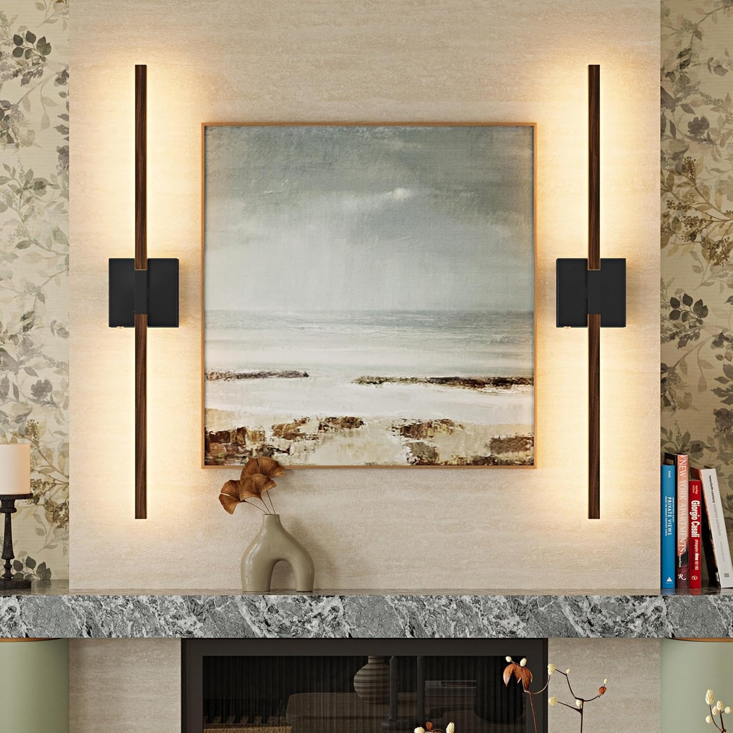 8000mAh Battery Operated Wall Sconce with Remote Control, 3000K-6000K Dimmable Black Wireless Rechargeable Wall Sconces Set of Two with Timer Function for Living Room, Bedroom, Stairwell, TV 24 Inch