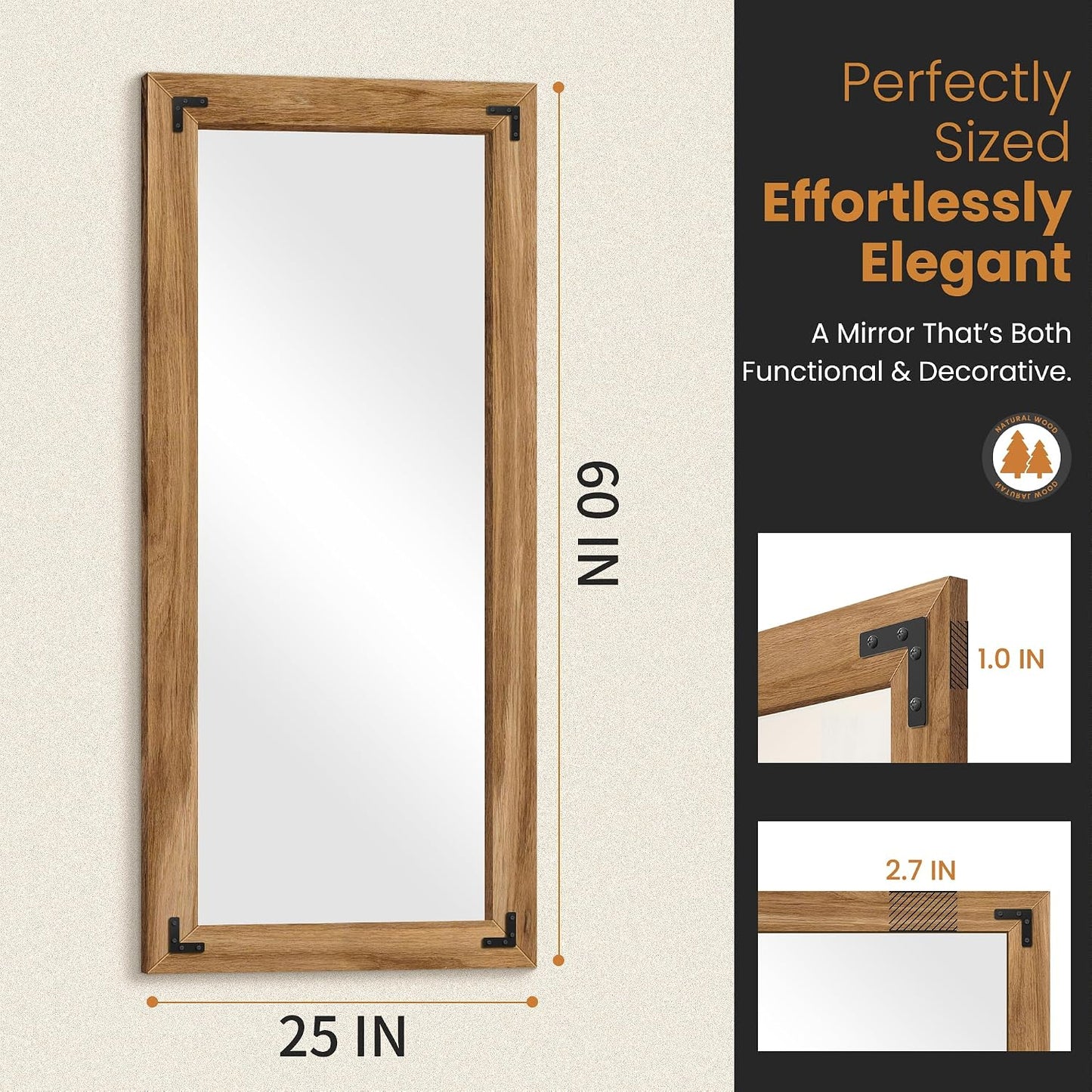 TRAHOME Full Length Mirror with Wooden Frame, 56"X22" Solid Wood Standing Floor Mirror for Farmhouse, Bathroom, Bedroom Decor, Hanging or Leaning Wall-Mounted