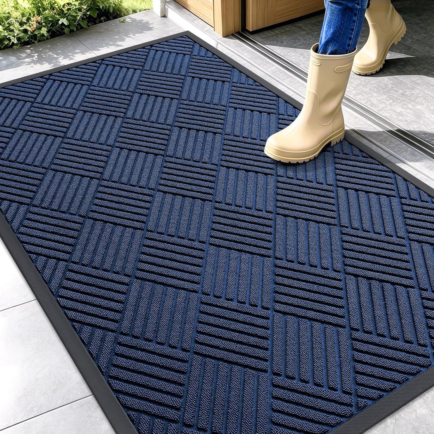 OLANLY Front Door Mat Outside Entrance 29.5x17, Absorbent, Heavy Duty Sturdy Natural Rubber Doormat Indoor Outdoor, Stain and Fade Resistant, Non-Slip Low Profile Floor Mat for Entryway, Grey Diamond
