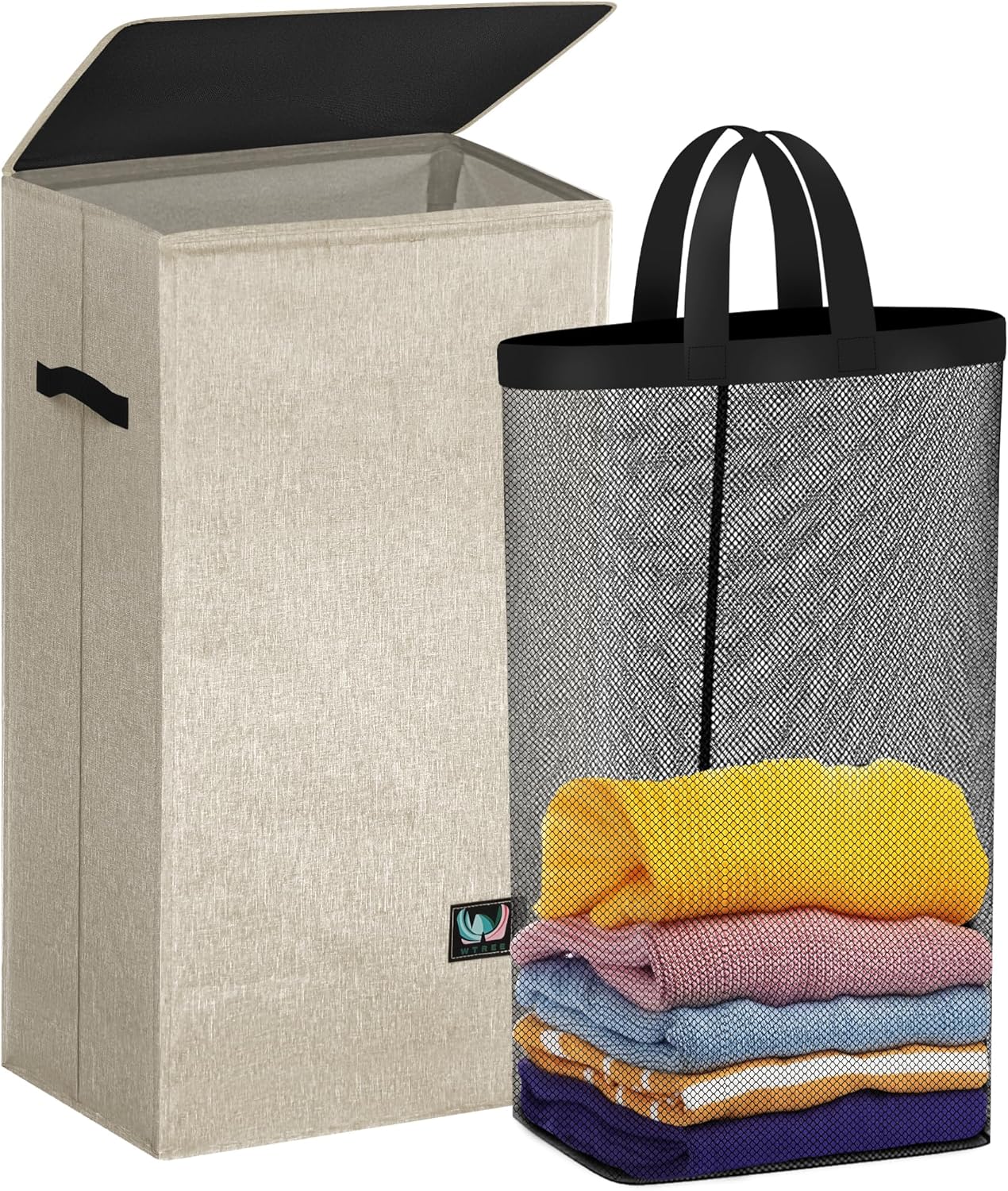 WTREE Laundry Hamper with Lid, Reinforced Sturdy Clothes Hamper with Anti-Puncture Base, Large Collapsible Laundry Basket with Removable Liner Bag, Tall Dirty Clothes Bin for Family, 100L Grey