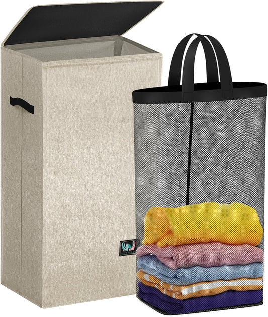 WTREE Laundry Hamper with Lid, Reinforced Sturdy Clothes Hamper with Anti-Puncture Base, Large Collapsible Laundry Basket with Removable Liner Bag, Tall Dirty Clothes Bin for Family, 100L Grey