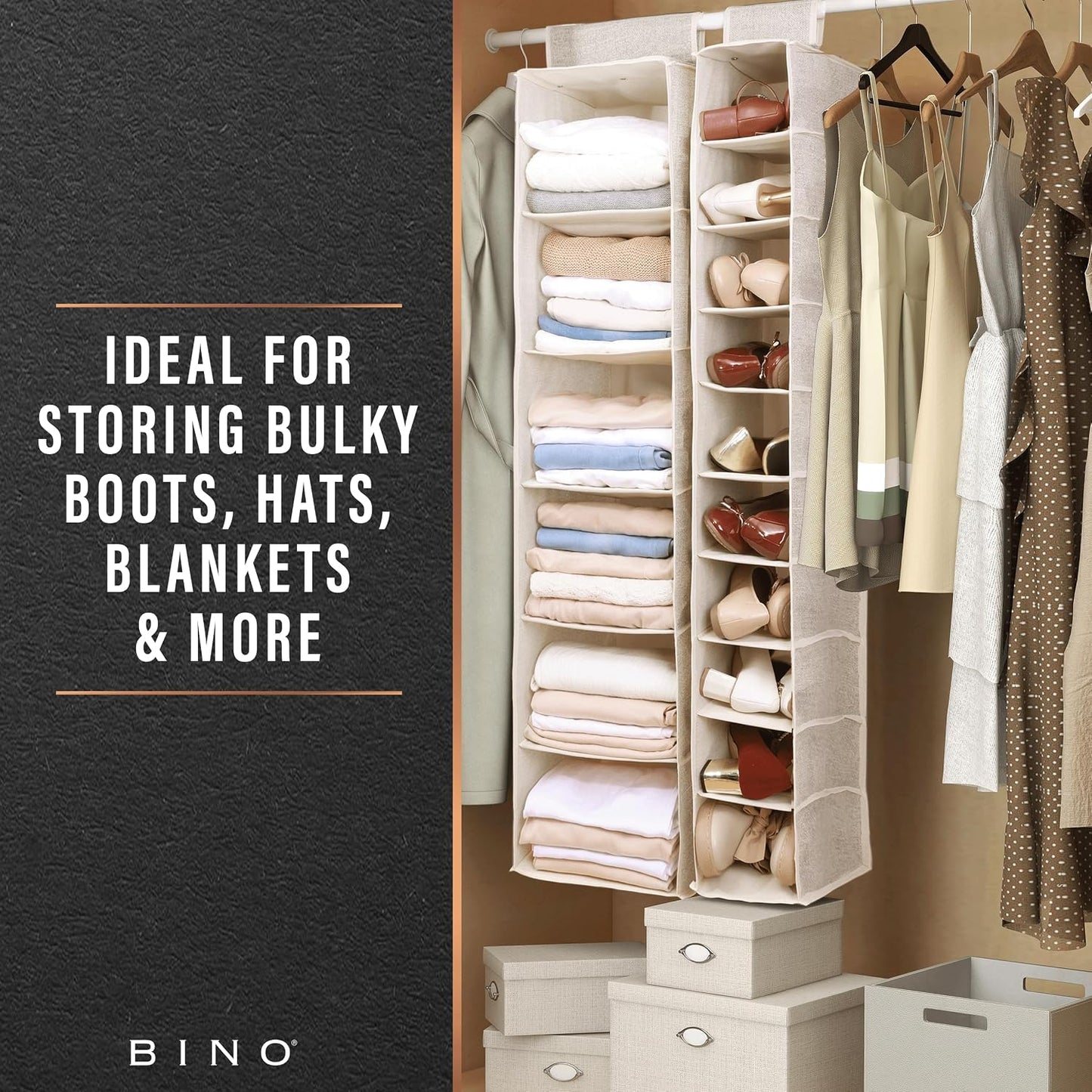 BINO 10-Shelf Shoe Closet Organizer - Beige | Closet Hanging Organizer | Hanging Shoe Rack Storage & Organizer for Bedroom | Hanging Shelves | Portable Closets for Hanging Shoes | Room Essentials