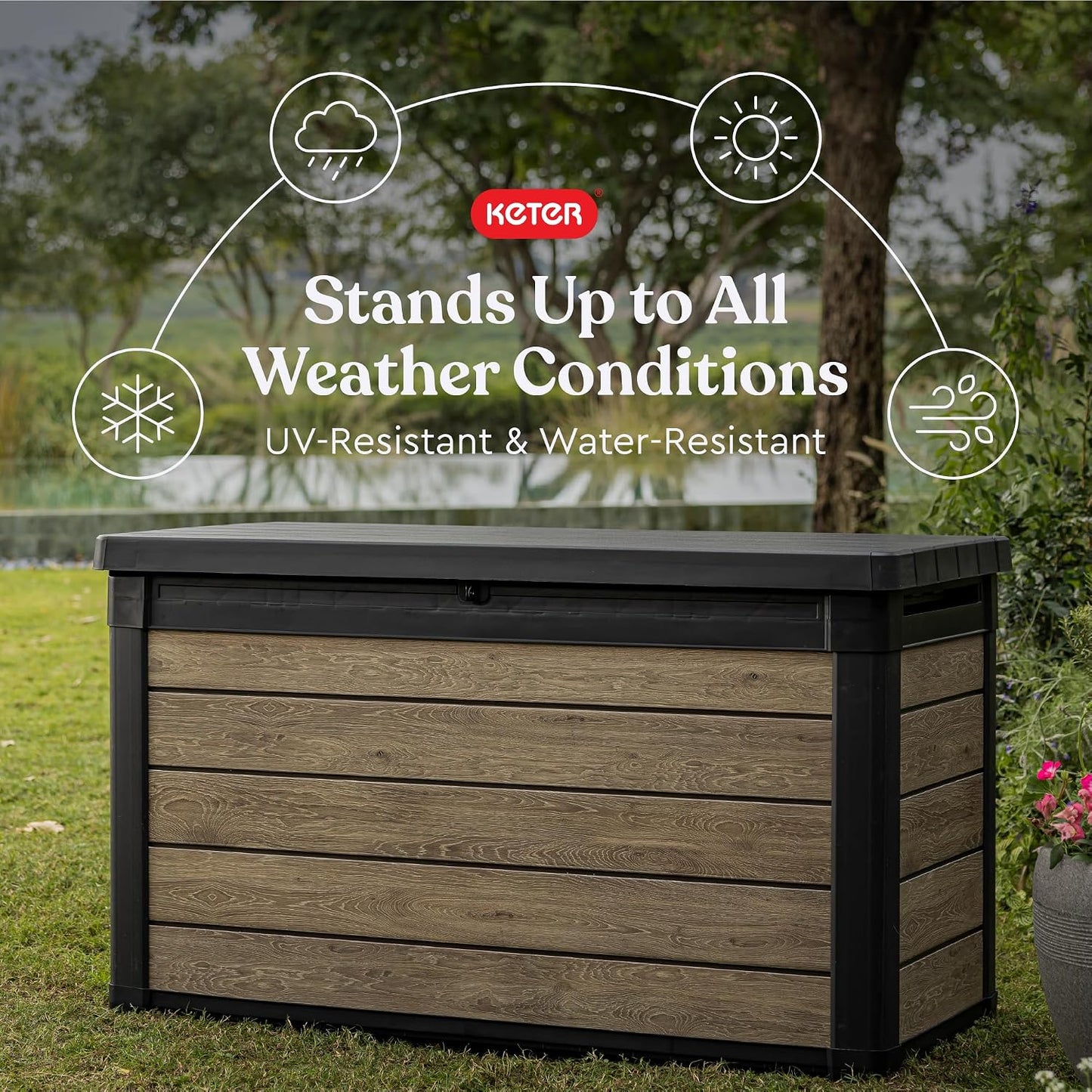 Keter Signature Everwood 30 Gallon Resin Outdoor Storage Box and Patio Furniture Side Table for Pool and Garden Accessories, Walnut