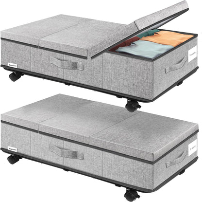 Supowin Under Bed Storage with Wheels, Rolling Underbed Storage Containers with Lids, Under Bed Shoe Storage Bins Organizer with Reinforced Metal Bottom Support and Three Handles