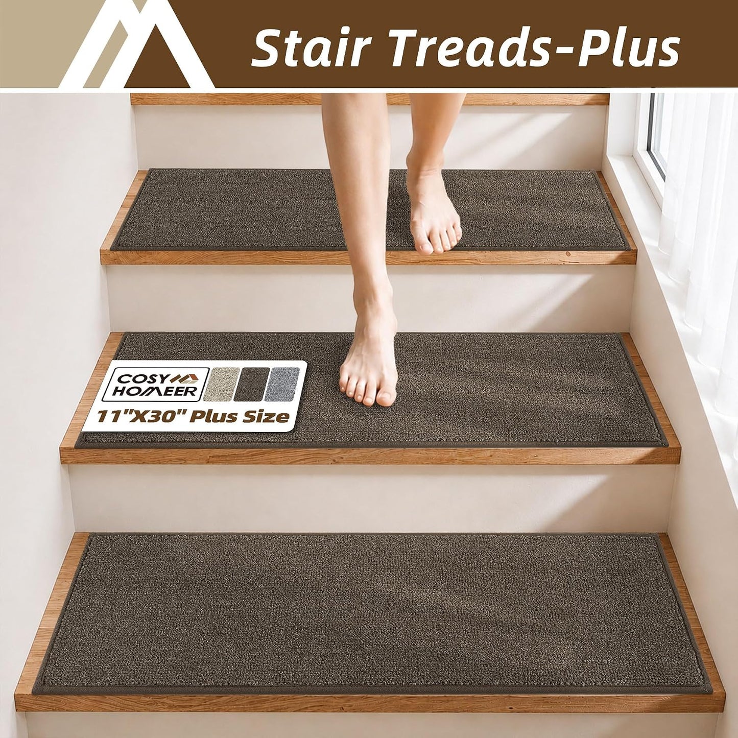 COSY HOMEER Stair Treads Non-Slip Carpet Stair Treads for Wooden Steps, Indoor Stair-Runner Rugs for Kids Elders & Pets 28"x9" (4Pc, Dark Gray)