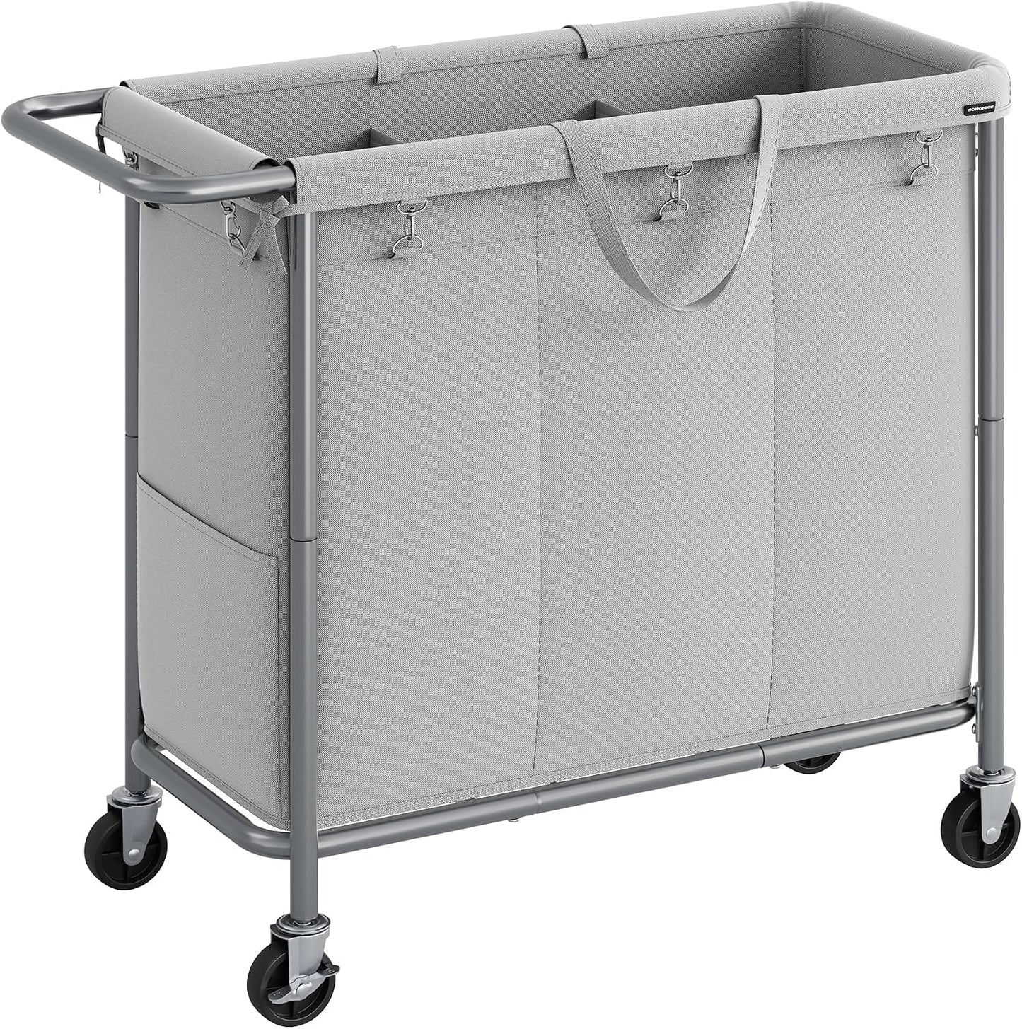 SONGMICS Laundry Basket with Wheels, 3-Section Rolling Laundry Hamper, 52.8 Gallons (200 L), Removable Liner, Steel Frame with Handle, 35.8 x 15.4 x 31.9 Inches, Cream White URLS005W01