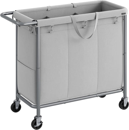 SONGMICS Laundry Basket with Wheels, 3-Section Rolling Laundry Hamper, 52.8 Gallons (200 L), Removable Liner, Steel Frame with Handle, 35.8 x 15.4 x 31.9 Inches, Cream White URLS005W01
