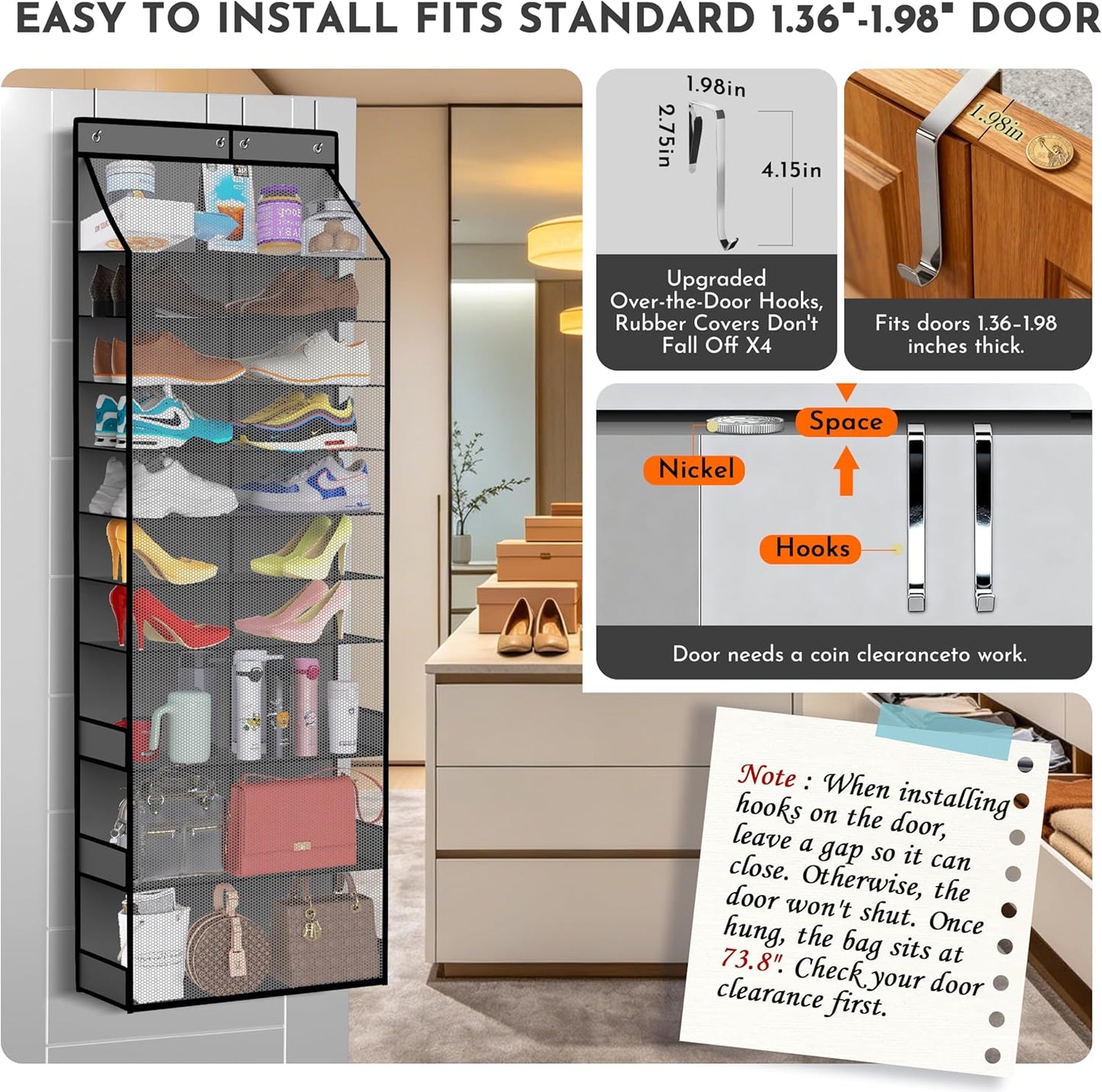 PAULONE 10-Pocket Multi-Use Over the Door Organizer, Heavy Duty 95lbs Capacity with Breathable Mesh, Versatile Hanging Storage for Shoes, Toys, Office Supplies-Classic (Black, 10-Shelf,)