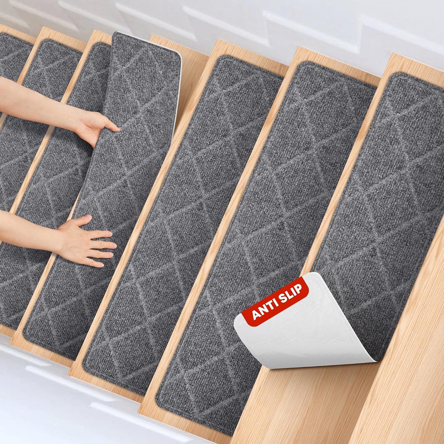 MBIGM 8" X 30" (15 in Pack) Non-Slip Carpet Stair Treads Non-Skid Safety Rug Slip Resistant Indoor Runner for Kids Elders & Pets with Reusable Adhesive - Dark Gray Diamond Weave