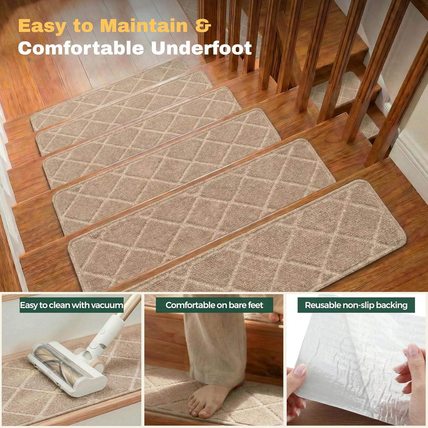 MBIGM 8" X 30" (15 in Pack) Non-Slip Carpet Stair Treads Non-Skid Safety Rug Slip Resistant Indoor Runner for Kids Elders & Pets with Reusable Adhesive - Dark Gray Diamond Weave