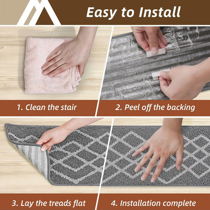 COSY HOMEER Soft Stair Treads Non-Slip Carpet Mat 28inX9in Indoor Stair Runners for Wooden Steps,Stair Rugs for Kids and Dogs, 100% Polyester TPE Backing 7pcs,Black,Rhombus
