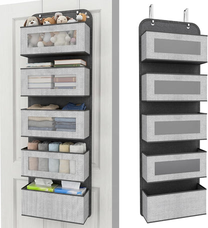 Narrow Over The Door Organizer, 5 Large Pockets Fabric Storage, 12" Wide | With Metal Hooks, Clear Window for quick view, 11.8" Slim design, Back of Door Hanging for Clothes Pantry Dorm Bedroom