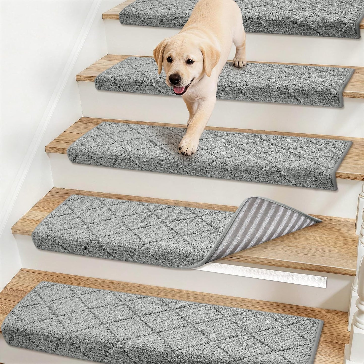 Self Adhesive Bullnose Carpet Stair Treads Non Slip,Grey,11"x30",3 Pack | Pet Friendly, Peel and Stick Stair Treads for Wooden Steps, Washable Stair Runner for Kids Elders, Edge Protection
