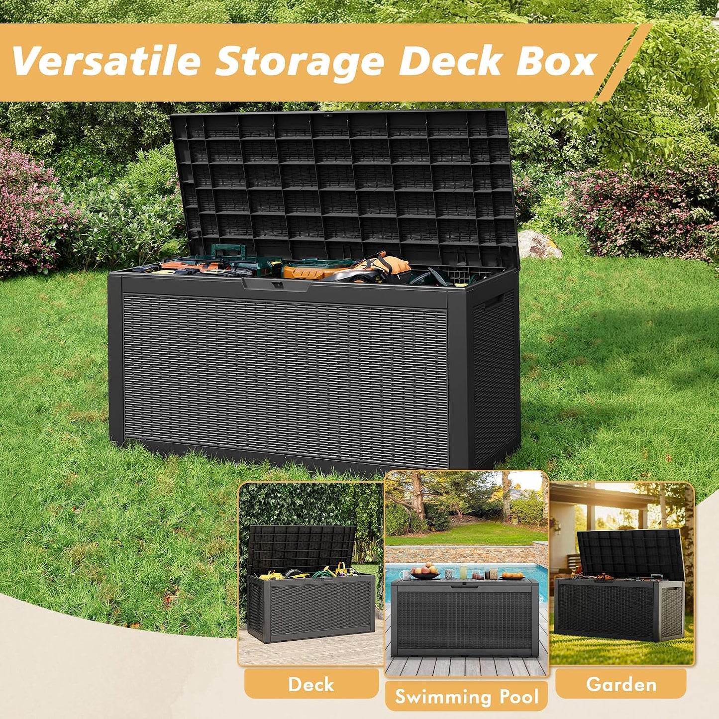 Fancyango 75 Gallon Outdoor Deck Box Waterproof, Large Storage Box for Patio, Resin Storage Bench Lockable for Garden Tools, Package Delivery, Black