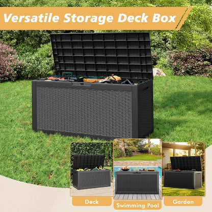Fancyango 75 Gallon Outdoor Deck Box Waterproof, Large Storage Box for Patio, Resin Storage Bench Lockable for Garden Tools, Package Delivery, Black