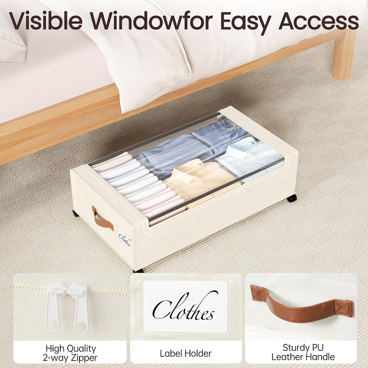 Yecaye Under Bed Storage with Wheels, 2 Pack Under Bed Storage Containers, 60L Underbed Shoe Storage with Clear Window & Label, Rolling Under Bed Metal Drawer for Clothes, Shoes, Books, Blankets