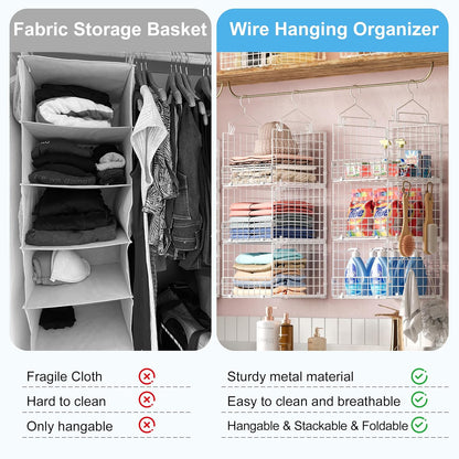 Sonyabecca 3-Tier Hanging Closet Organizers and Storage, Foldable Stackable Wire Basket Bins with 5 S Hooks, Space-Saving Hanging Closet Shelf for Clothing, Sweaters, Handbags, Hats,Purse