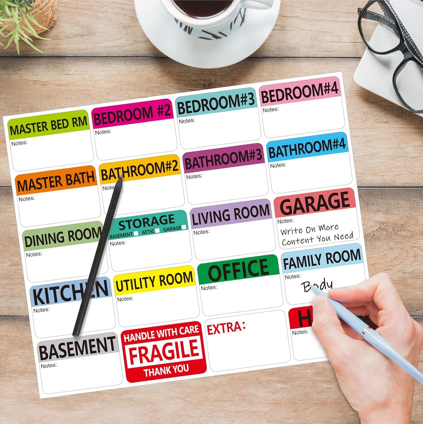 Hebayy 500 pcs 20 Designs Pre-Printed Color-Coded Home Moving Packing Box Labels with Writable Notes Areas, Each Measures 2” x 3”