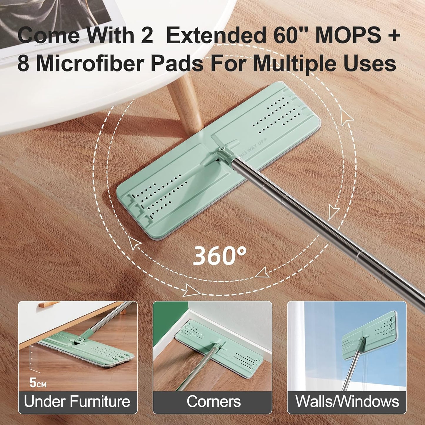 JOYMOOP Mop and Bucket Set, Flat Mops for Floor & Wall Cleaning, Commercial & Household Use, Hardwood Floor Mop with Long Handle & 4 Microfiber Pads