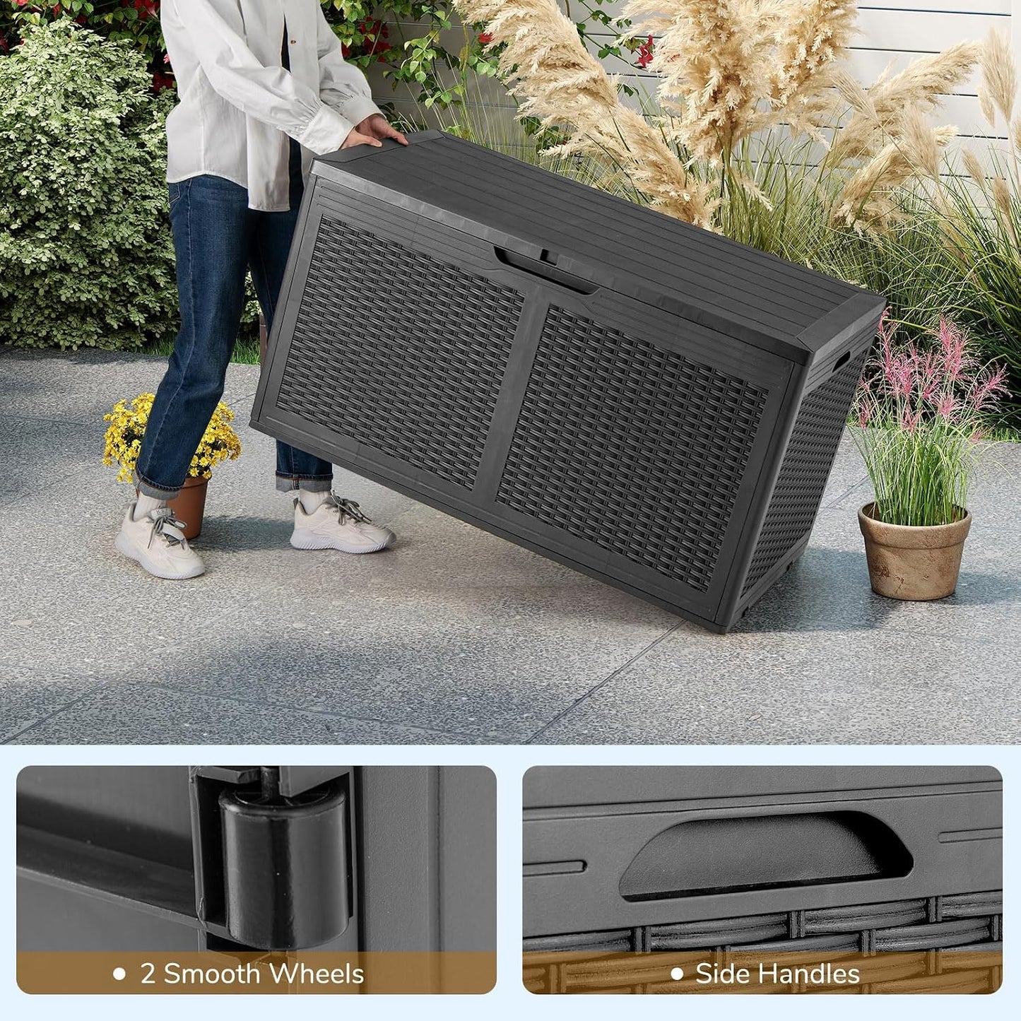 Tangkula 100 Gallon Outdoor Storage Box, Lockable Outdoor Storage Bench with 2 Smooth Wheels, Faux Rattan Surface, Waterproof Resin Deck Box for Outside Poolside Patio Garden (Brown)