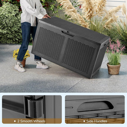 Tangkula 100 Gallon Outdoor Storage Box, Lockable Outdoor Storage Bench with 2 Smooth Wheels, Faux Rattan Surface, Waterproof Resin Deck Box for Outside Poolside Patio Garden (Brown)