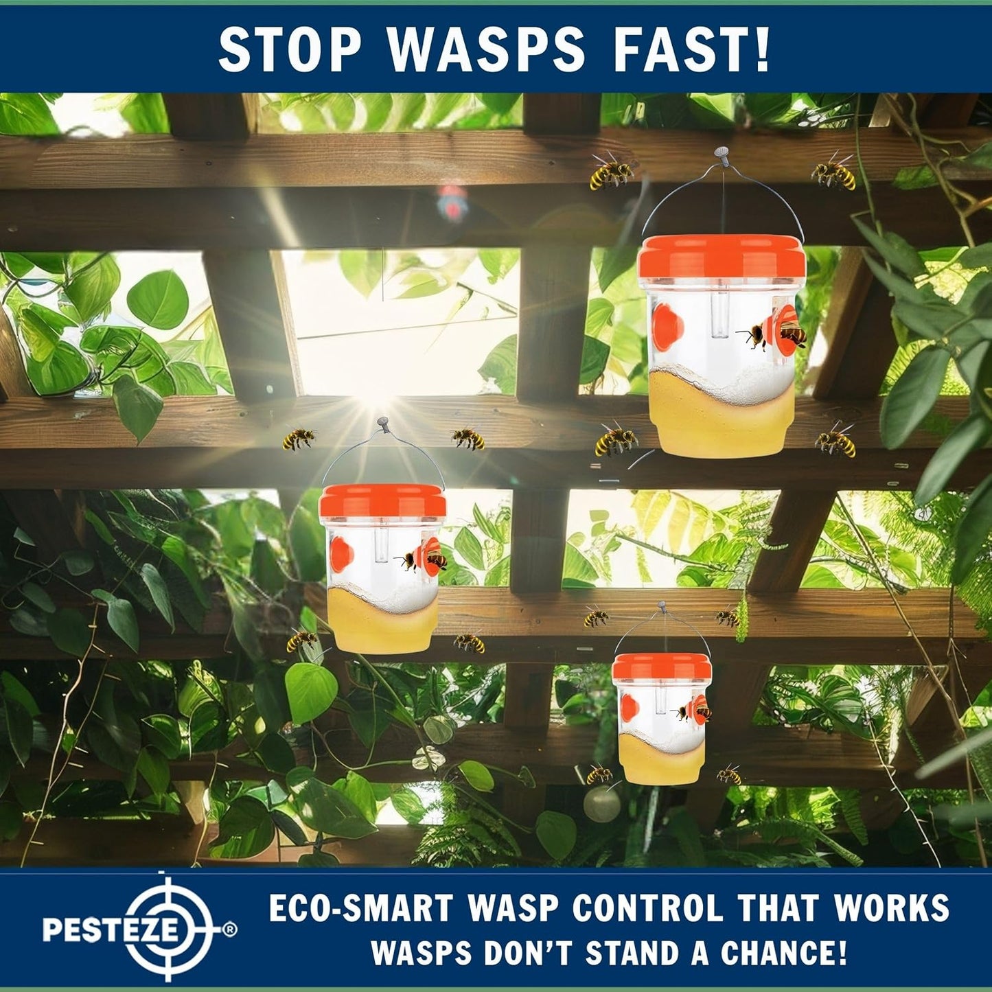 PESTEZE USA 2 Pack Reusable Solar Hanging Wasp Trap with LED Light [Orange, 3.5×4.4 in]–Attracts & Stop Wasps, Hornets, Yellow Jackets & Flying Insects Safely, Waterproof Outdoor Trap