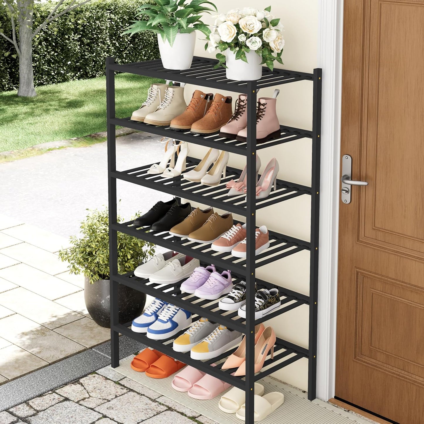 Smiry Bamboo Shoe Rack, 3 Tier Free Standing Wooden Shoe Organizer, Stackable Wood Shoe Storage Shelf for Closet, Entryway, 12 Vertical Slats, 2+1 Stack Standard Legs, 26.8"x11"x19.5", Natural