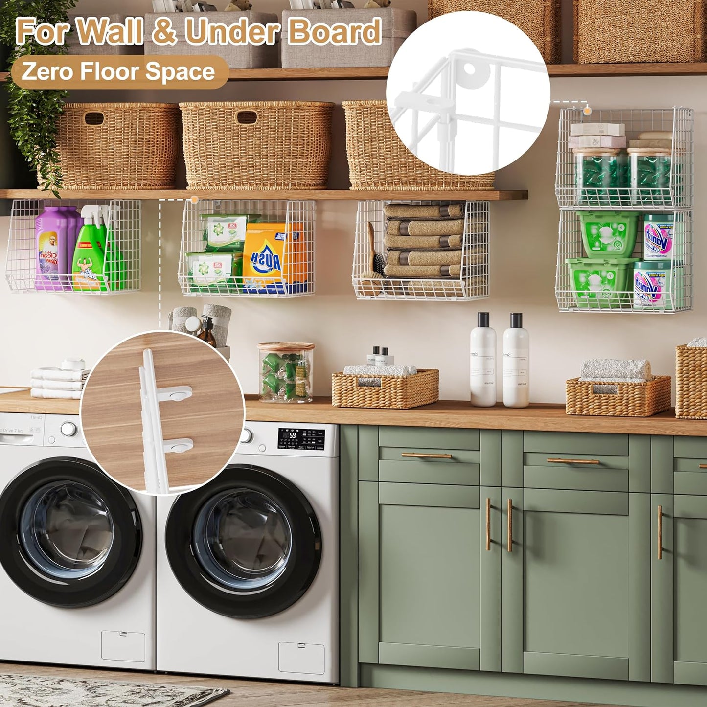 4-Tier Hanging Laundry Room Organizer: Foldable Wire Shelf Basket with 2 Large Hooks 1.65" & 360°Rotating Hooks – Space-Saving Laundry Storage Basket, for Wardrobe Closet Storage, White Patent