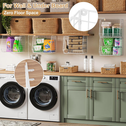 4-Tier Hanging Laundry Room Organizer: Foldable Wire Shelf Basket with 2 Large Hooks 1.65" & 360°Rotating Hooks – Space-Saving Laundry Storage Basket, for Wardrobe Closet Storage, White Patent