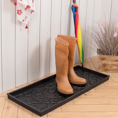 Anji Mountain Heavy Duty Waterproof Rubber Shoe Storage Mat Organizer/Boot Storage Tray Multi Use For Entryway with Coir, Tan and Khaki Insert , Fits 4 Pair (46.5" Wide)