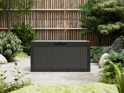 Outdoor Storage Box, Resin Deck Boxes Indoor and outdoor, Waterproof Storage Box Lockable Lid (Black, 85 Gallon)