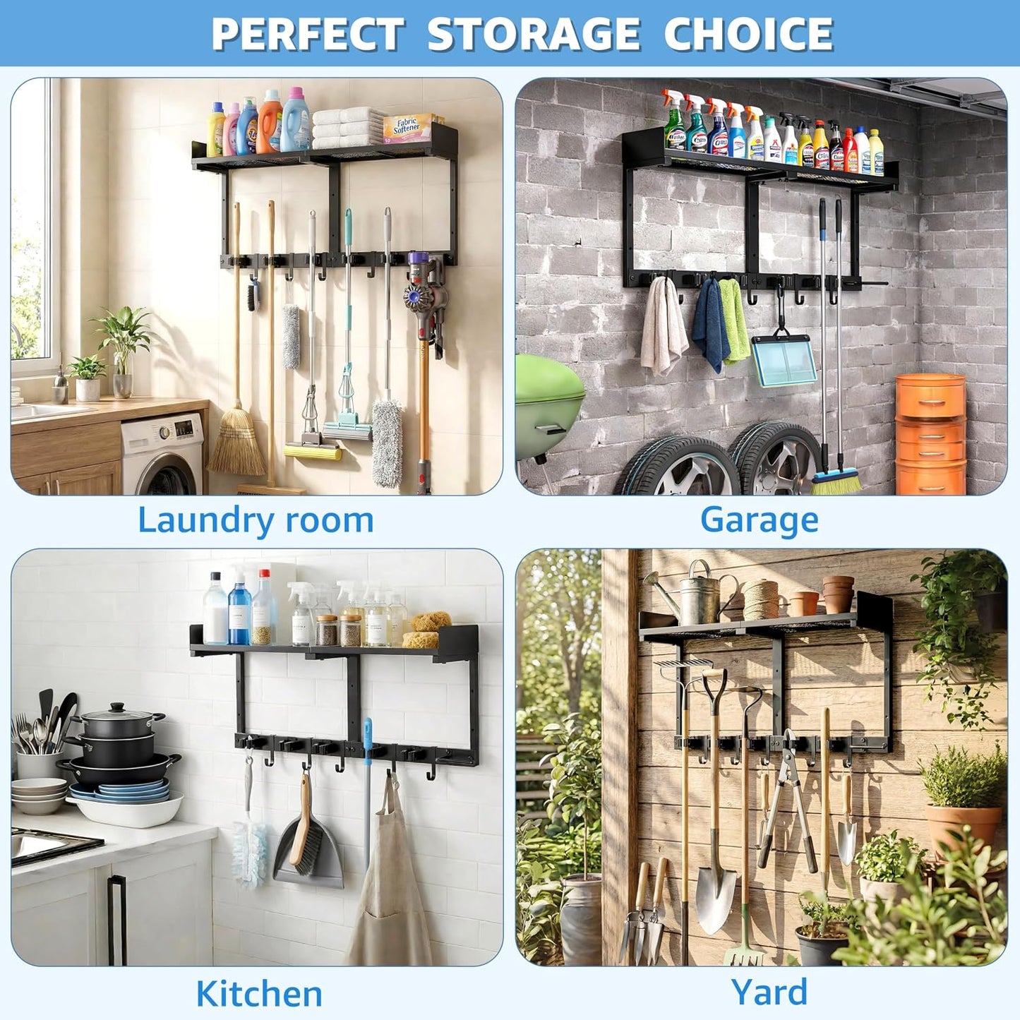 HUFAND Broom Holder Wall Mount, 27" Large Mop and Broom Organizer Wall Hanging with Top Storage Shelf & Vacuum Hook, Heavy Duty Iron Utility Rack for Laundry Room, Garage, Kitchen, Garden - Black