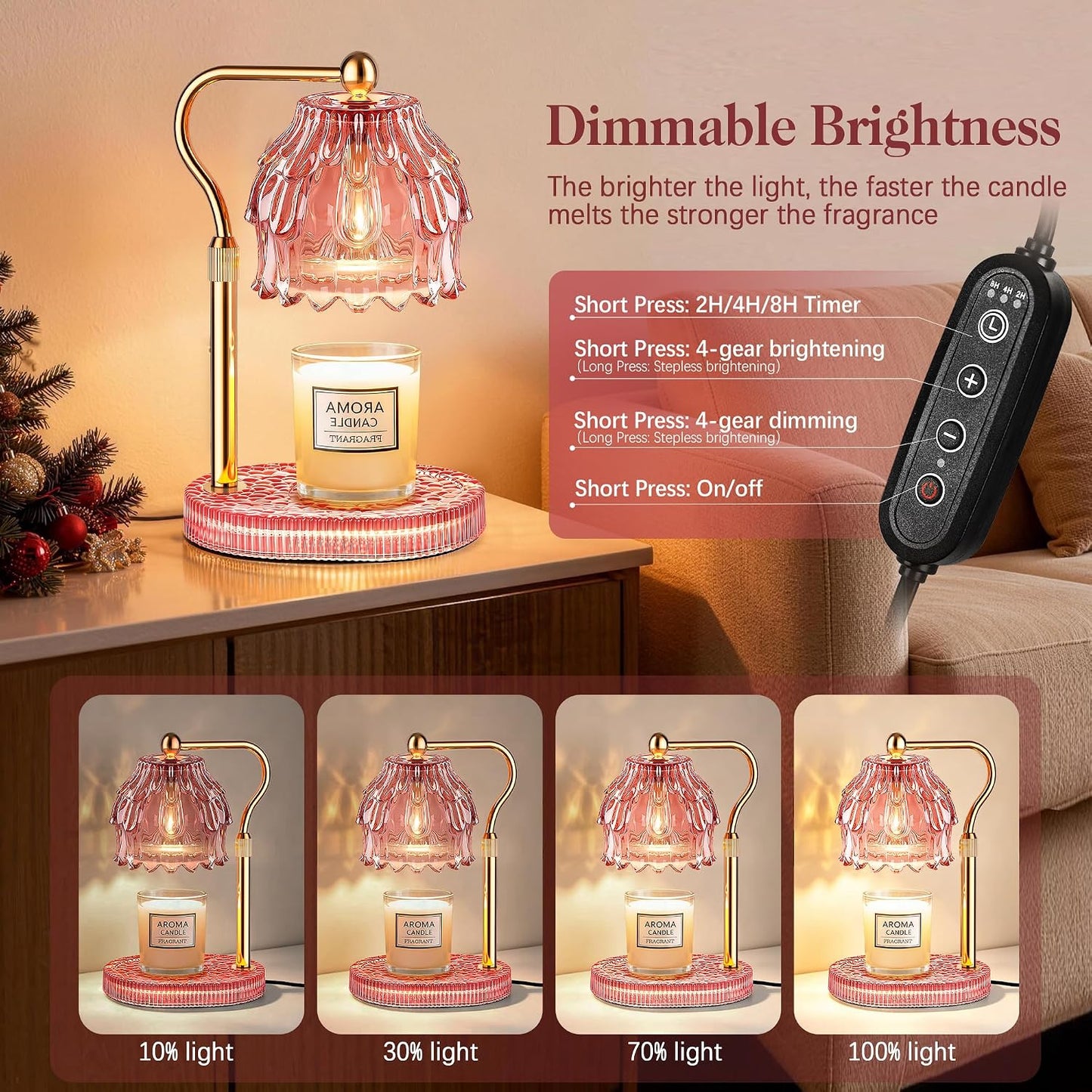 Candle Warmer Lamp with Timer Dimmer, Modern Wax Warmer for Scented Wax Jar Candle Warmer with 2 Bulbs, Adjustable Height Glass Lamp for Gifts for Women, Home Decor, Gold Amber