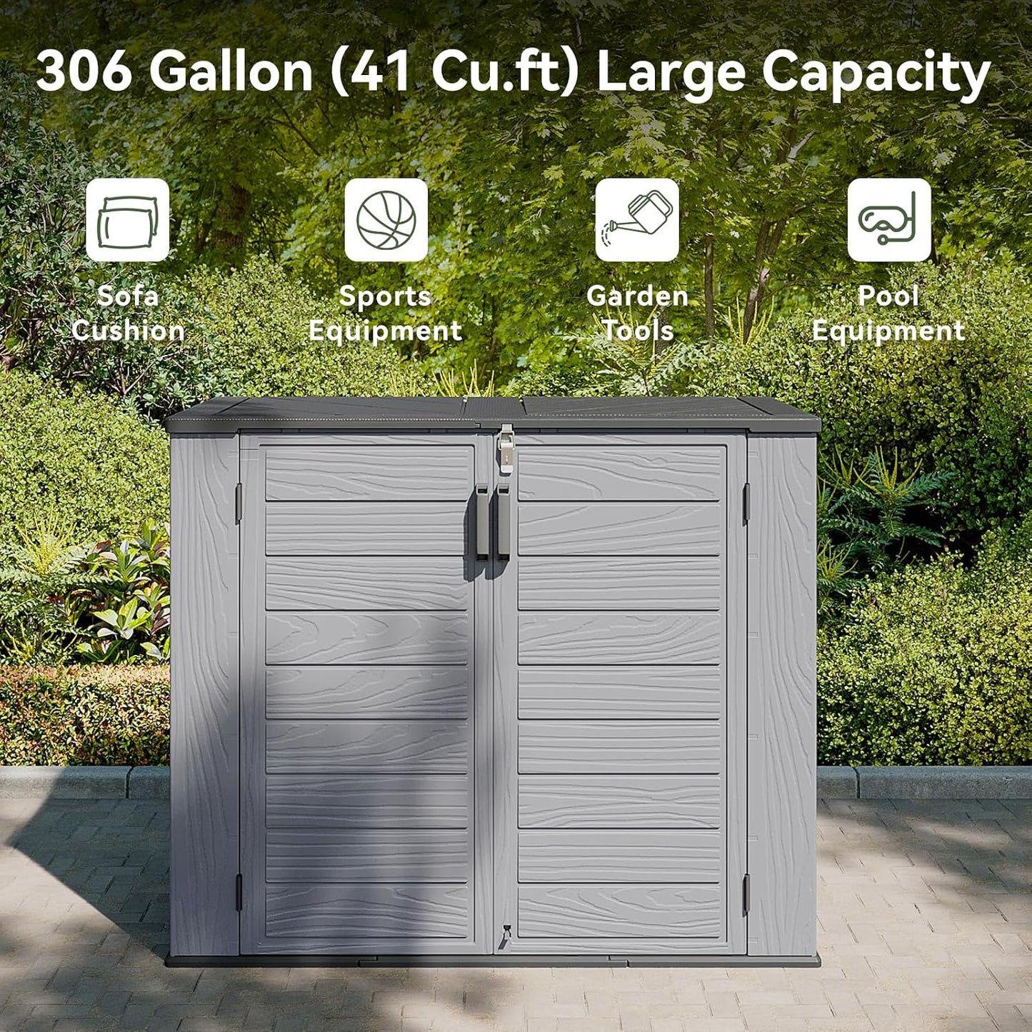 AOXUN Horizontal Storage Sheds 21 Cu.ft, HDPE Outdoor Storage Box 160 Gallon, Waterproof Lockable Resin Deck Box with Spring-Assisted Lid, Patio Storage for Garden, Pool, Cushions, Tools, White