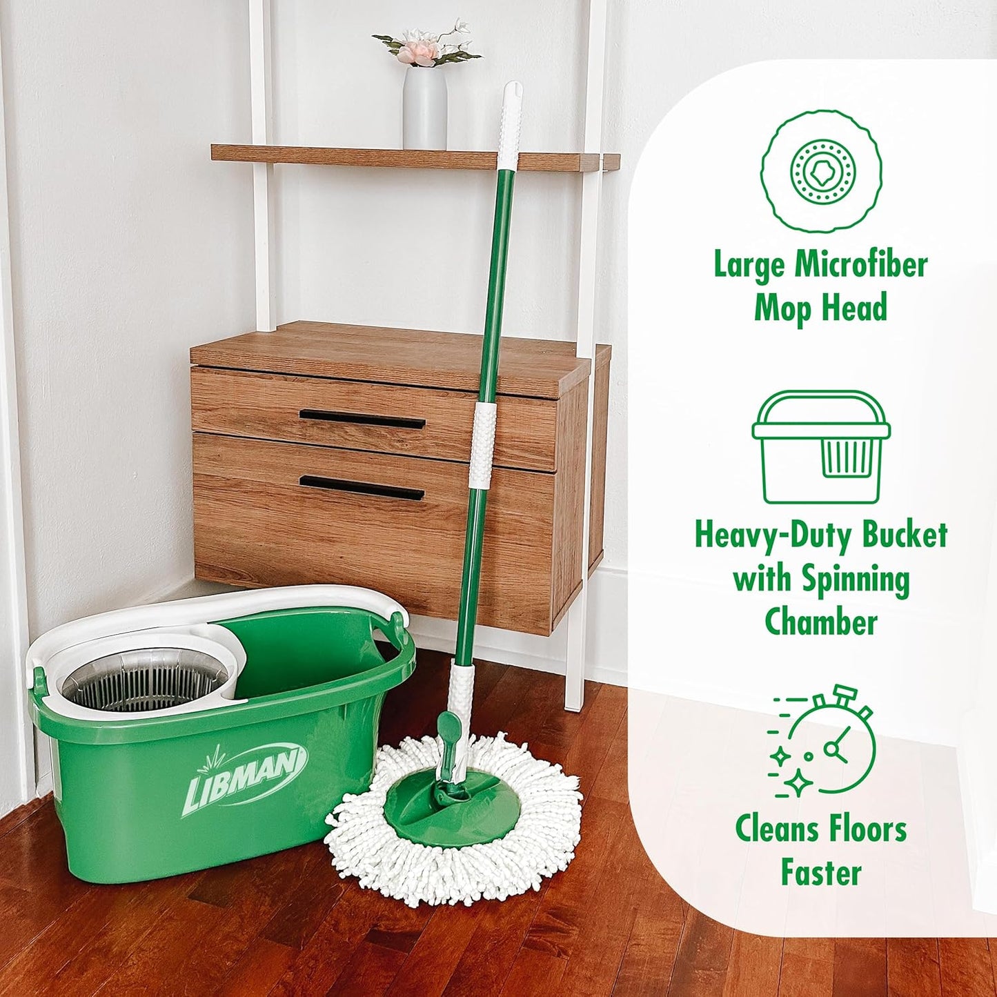 Libman Tornado Spin Mop System and 1 Refill, Mop and Bucket with Wringer Set for Hardwood Floor Cleaning, 2 Total Heads Included