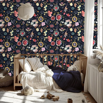 Wallpaper Peel and Stick Floral Wall Paper Removable Waterproof Gray/Yellow/Blue Contact Paper for Bedroom, Bathroom, Home Wall 17.3" x 118"