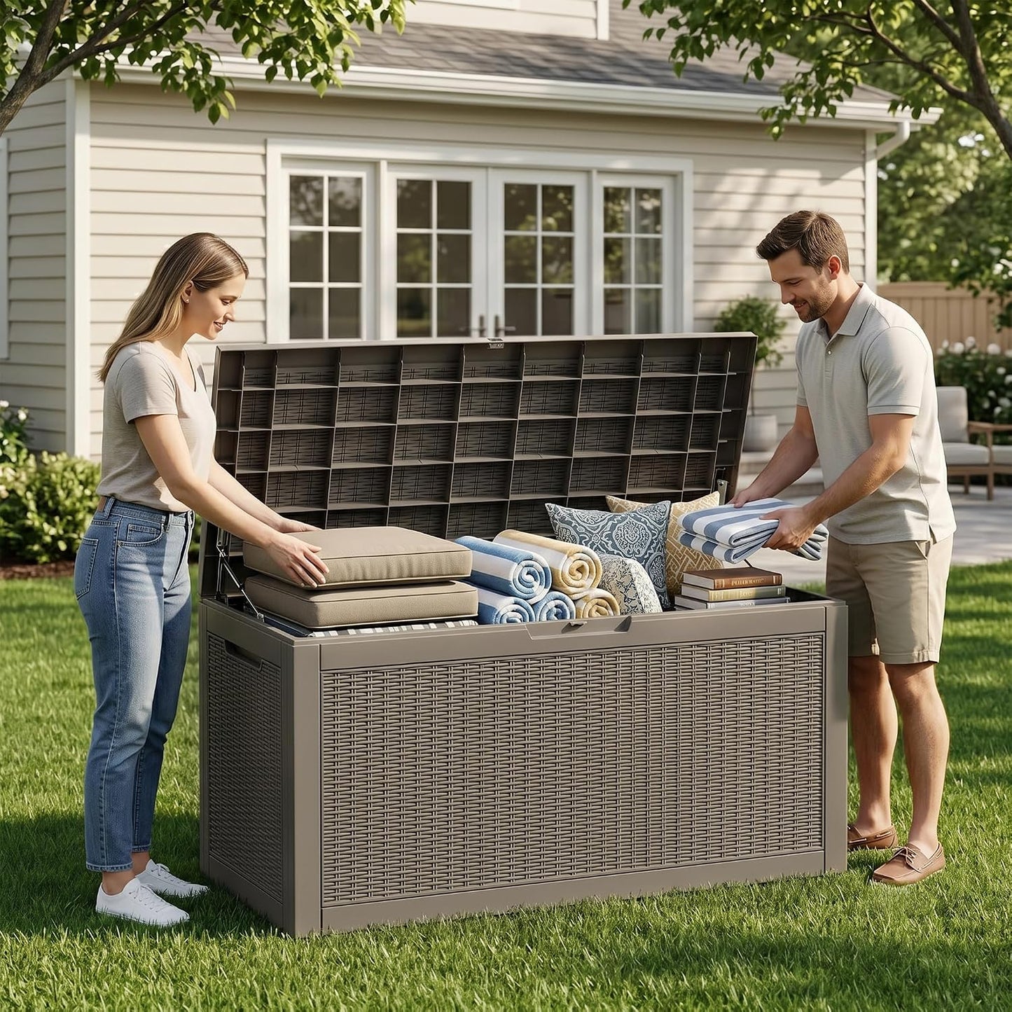 ROJIK 120 Gallon Waterproof Outdoor Deck Storage Box, Lockable Resin Patio Storage Bin with Lid for Garden Tools, Patio Cushions & Outdoor Accessories(Black)